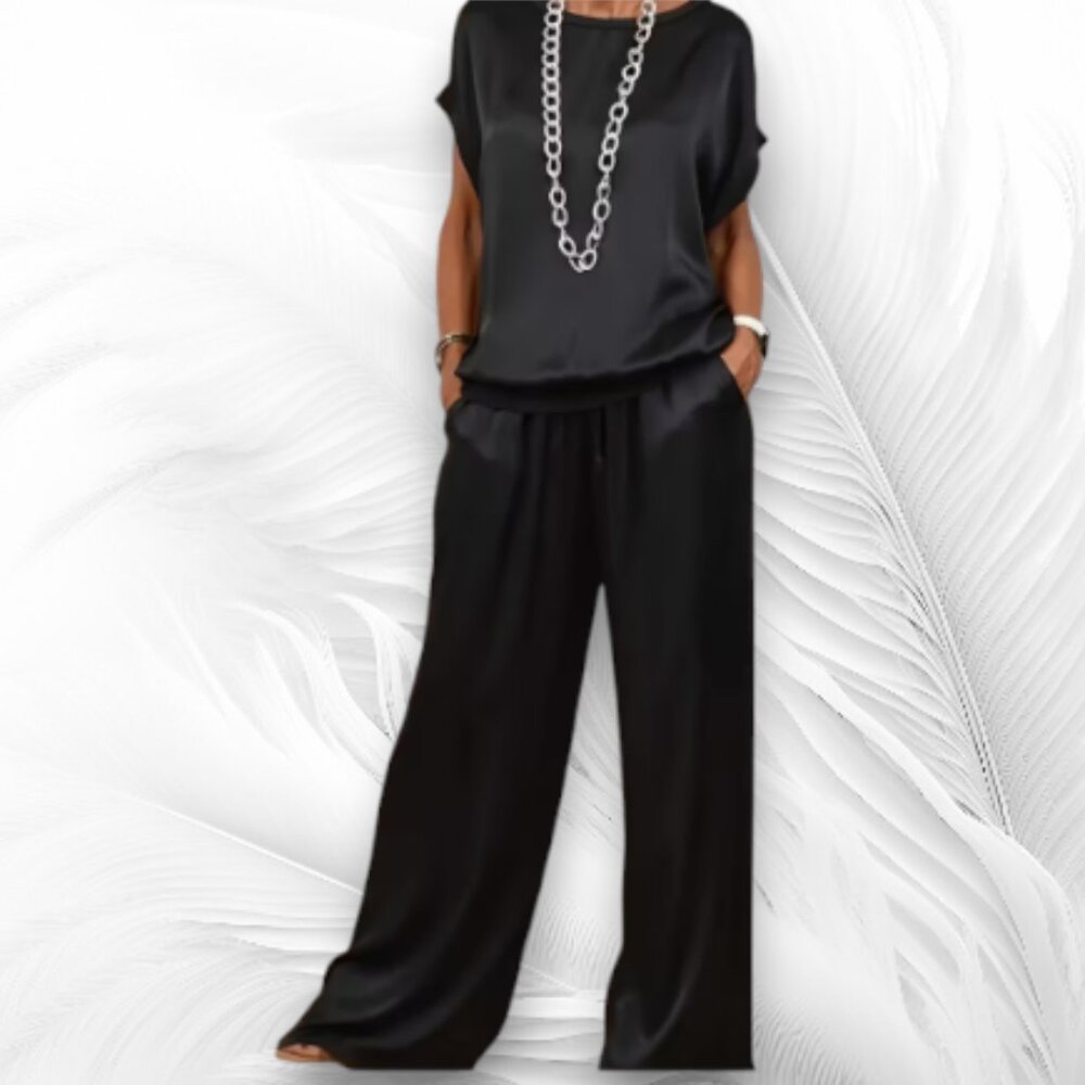 New Black Satin Lounge Set — Short Sleeve Top & Wide-Leg Pants Size: M